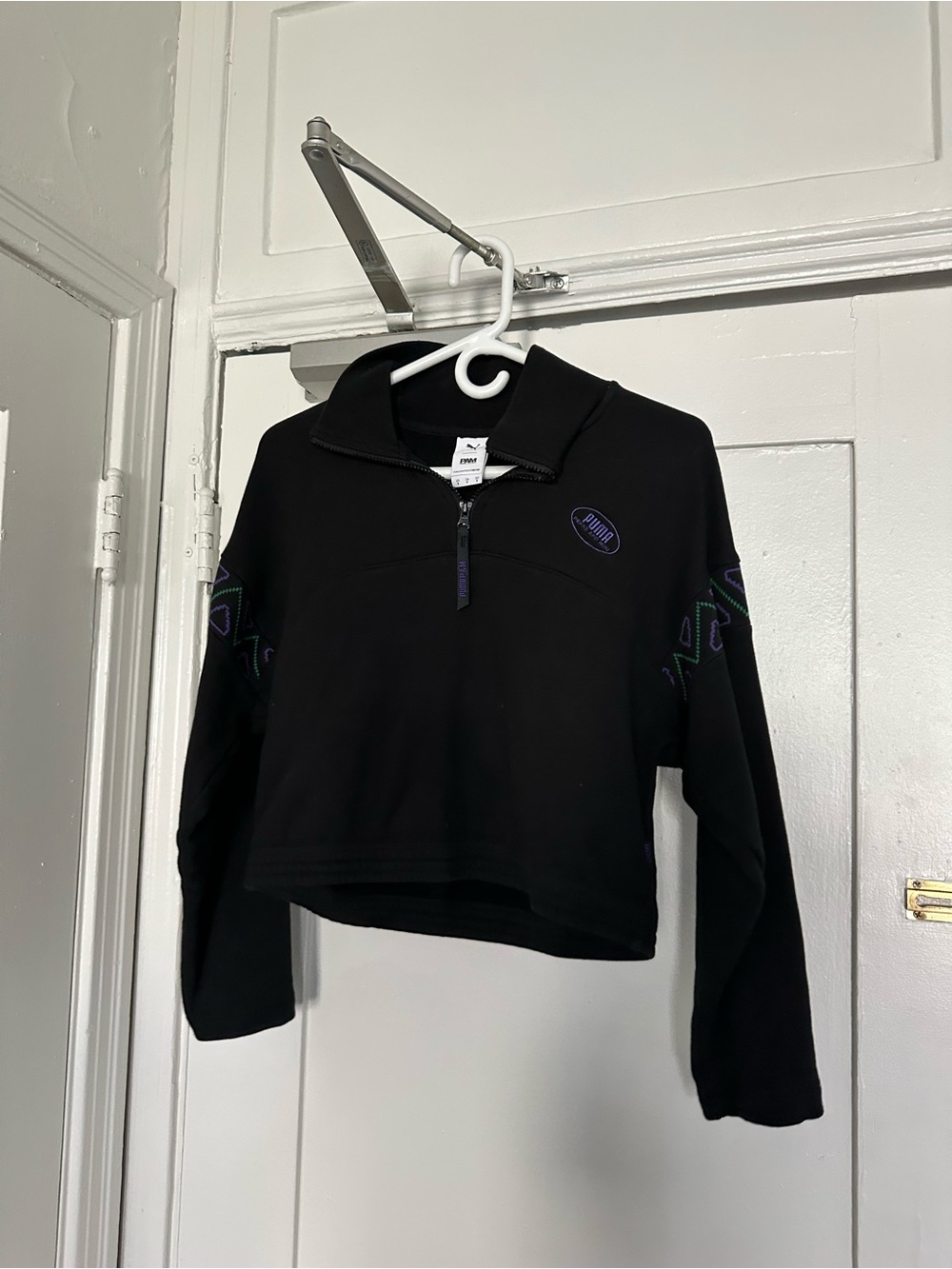 Puma Black Cropped Quarter-Zip Sweatshirt with Purple Trim